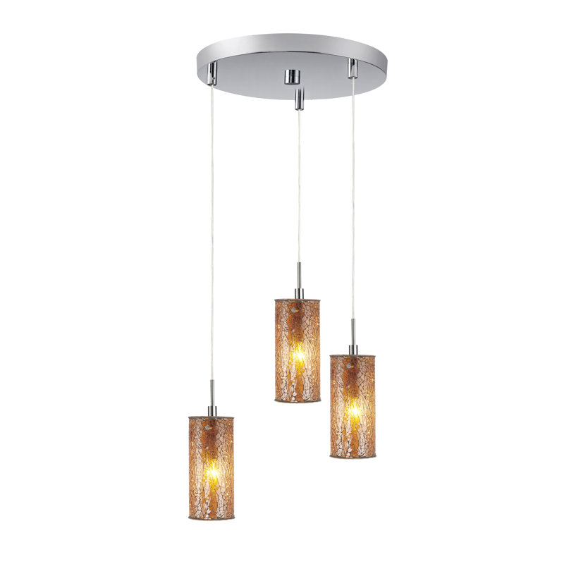 3 - Light Cluster Pendant, Satin Nickel, Amber Mosaic