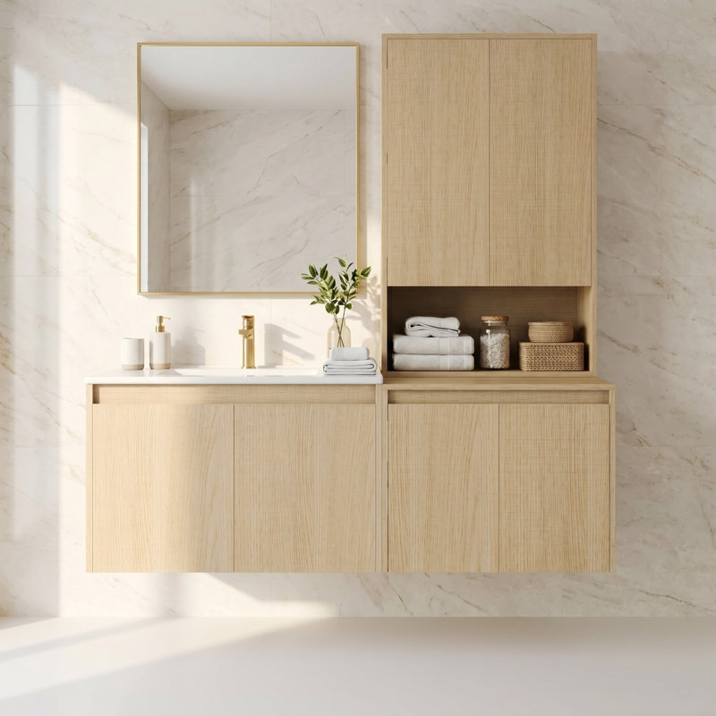 Meuble-lavabo simple 54 po avec armoire supérieure, lavabo en céramique et conception sans poignée 54 po, Ash Tree, 54"