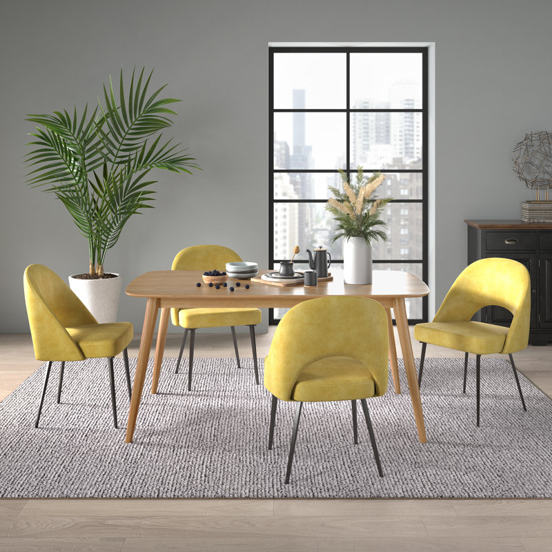 Faught Mid-Century Modern Tapered Dining Set - Leather, 63" Dining Table And 4 Chairs, Natural, Yellow