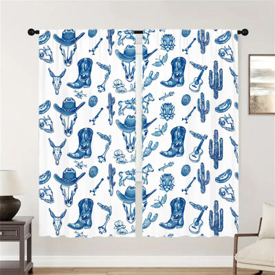 2 pièces de rideaux à motifs bleus de style occidental, rideaux de fenêtre à passe-tringle, décoration de maison de campagne rétro pour le salon, la cuisine de chambre à coucher, traitement décoratif et de protection de la vie privée