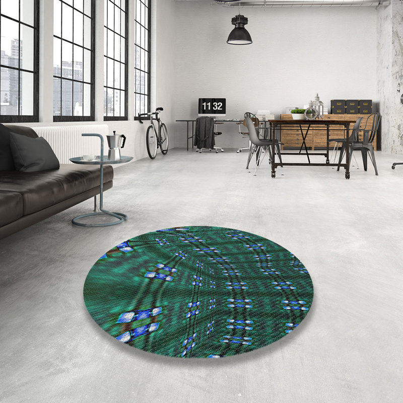 Tapis vert/jaune à motifs, Rond 4 pi