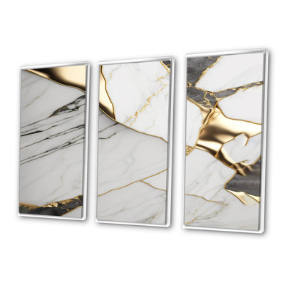 «Abstract Geode Marble White and Gold I», reproduction sur toile 3 pièces