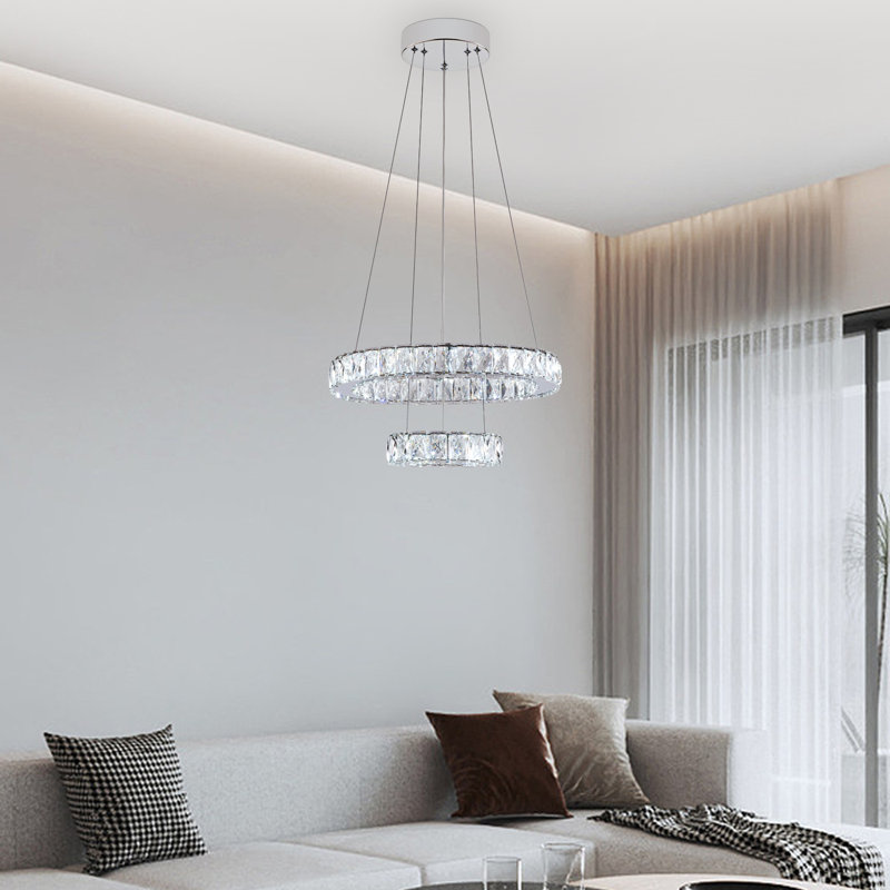33W Integrated LED Chandeliers, Crystal Stainless Steel Ceiling Lights, Rings Hanging Lights