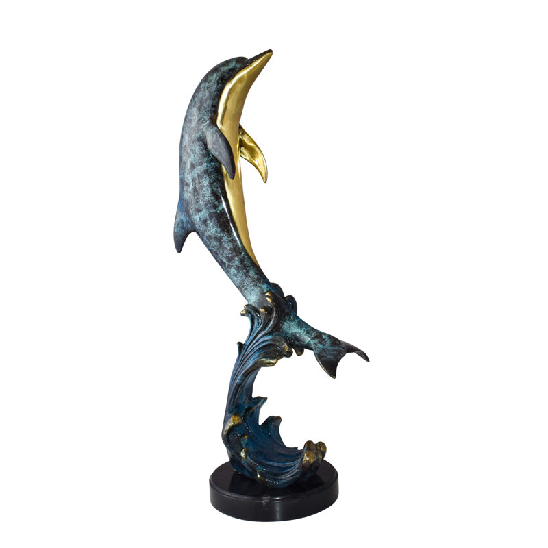 Statue en bronze coloré dauphin sautant les vagues Horfield, taille: 15 po x 10 po x H 31 po