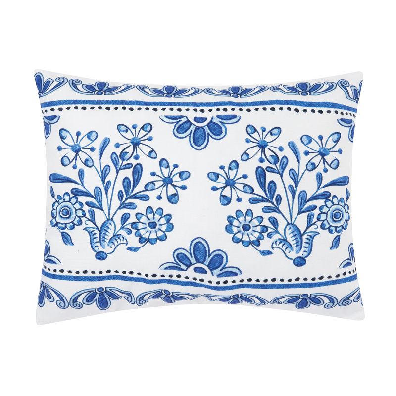 White and Blue Floral Pattern Outdoor Throw Pillow
