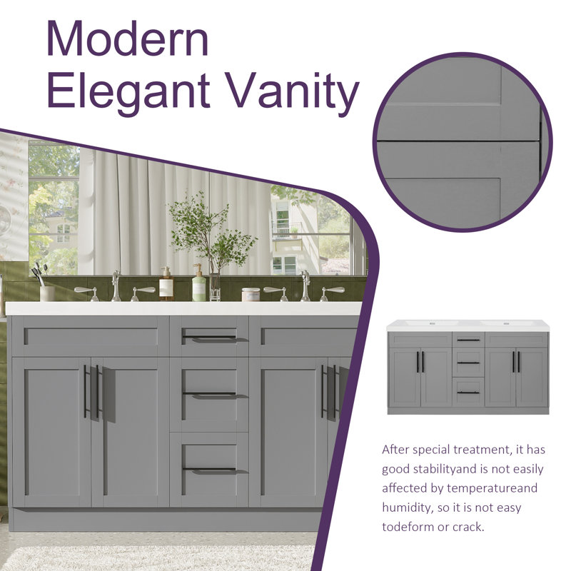 Contemporary 59.3 Inch Double Sink Bathroom Vanity With Smc Top, Mdf Cabinet, Solid Wood Frame, Soft Close Doors, Gray