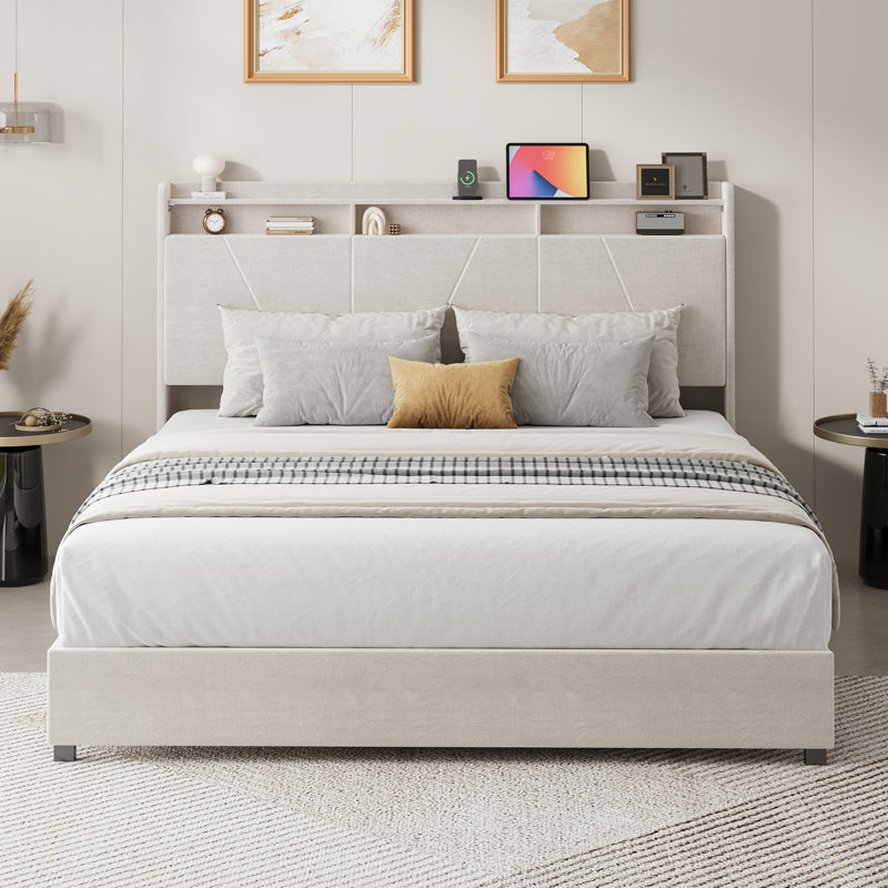 Velvet Upholstered Platform Bed with Wingback Headboard and Wooden Slats, King