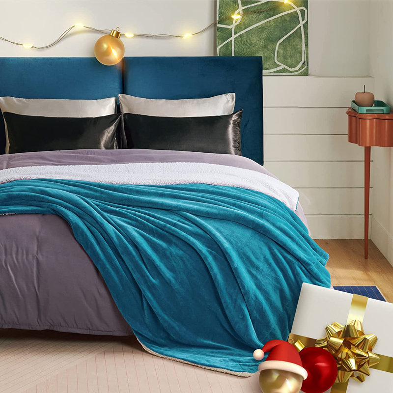 Sherpa Fleece Blanket Throw, Teal Blue, 220 x 240cm
