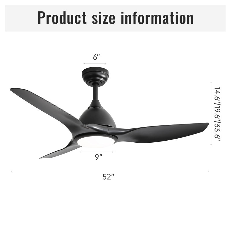 52 Inch Ceiling Fan with Light and 6-speed Remote Control 3 ABS Fan Blades for Bredoom Patio, Black, Black