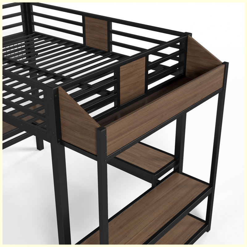 Lit mezzanine double noir et brun avec bureau en L, lumières DEL, ports USB et rangement