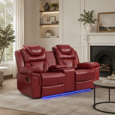 Fauteuil inclinable manuel deux places avec rangement dissimulé, porte-gobelets et bande lumineuse DEL pour salon, rouge bordeaux