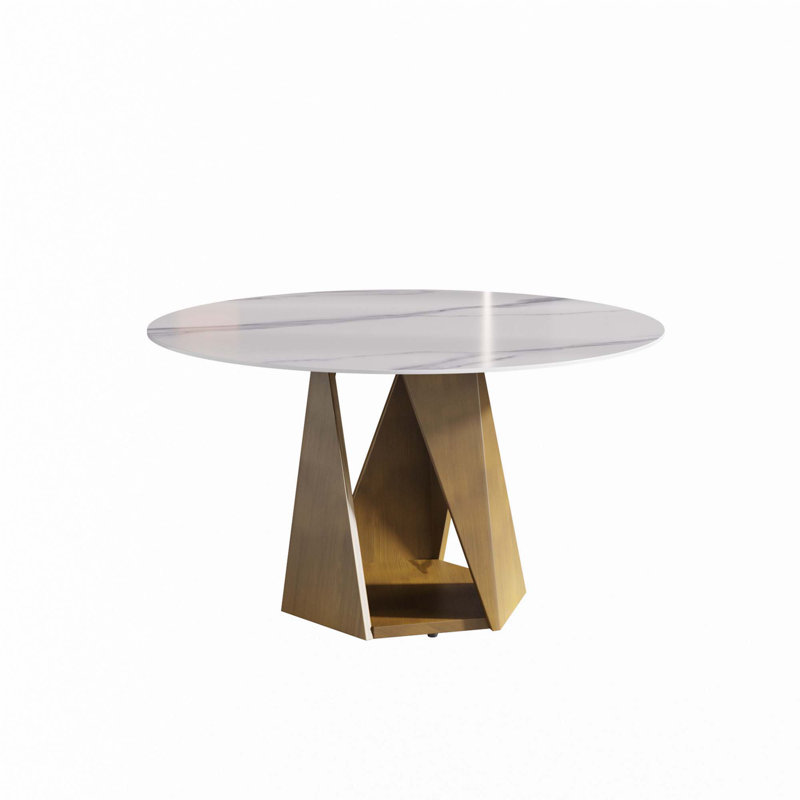 53" Round Marble Dining Table(Dining Table Only), White, Bronze