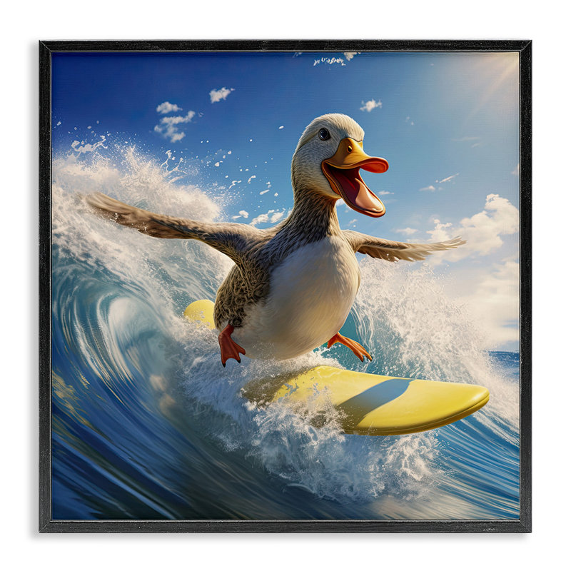 «Happy Surfing Duck», estampe numérique par Jim Baldwin, H 12 po x l 12 po, Giclée encadrée noir minuit