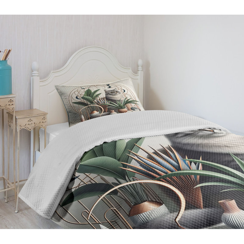 Gray Microfiber Twin Bedspread Set with Cat Design
