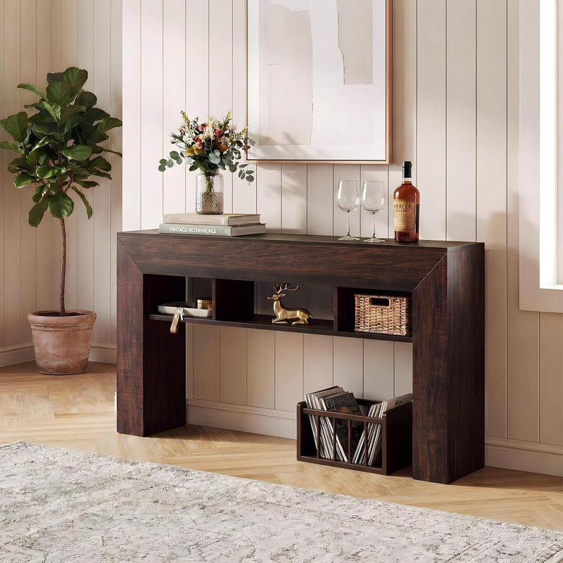 63" Narrow Console Table, 3-Tier Storage Shelves, Rustic Sofa Table for Living Room, Vintage Brown, Brown Wood