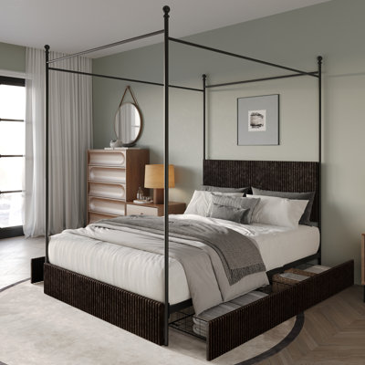Metal Platform Bed with Storage Drawers In Velvet