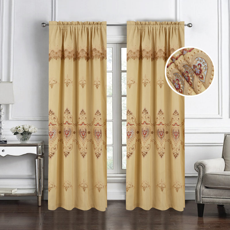 Rideau de fenêtre brodé avec cantonnière Meetu, L 52 po x L 84 po, Or