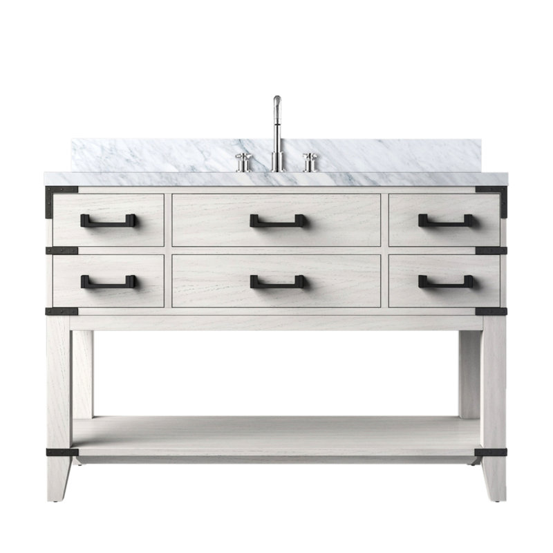 48 po Grand meuble-lavabo simple en chêne blanc avec plateau en marbre deux fois - scellé, cinq tiroirs et fonction de fermeture en douceur, robinet avec finition à la main, rangement fermé
