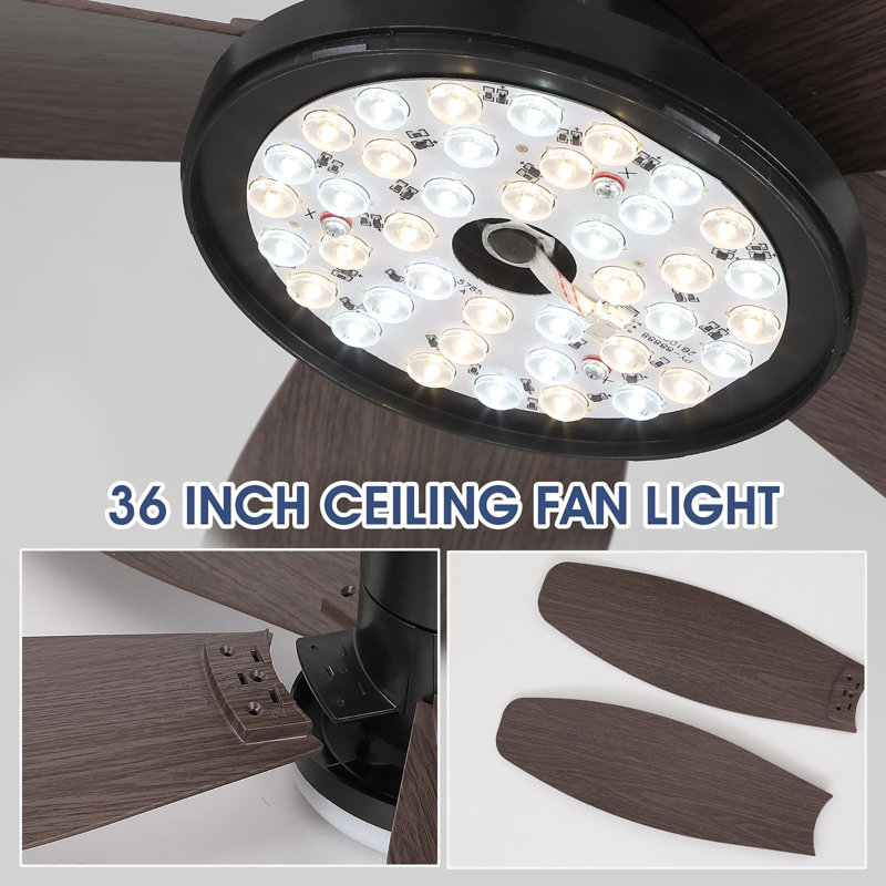 Ventilateur de plafond à profil bas 36 pouces avec lumière et télécommande, Brun