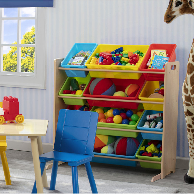 Natural Wood Kids Storage Organizer with Primary Color Bins