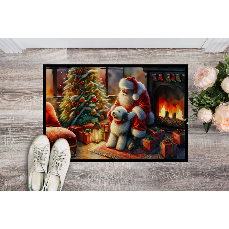 Paillasson Old English Sheepdog and Santa Claus, L 18 po x L 27 po