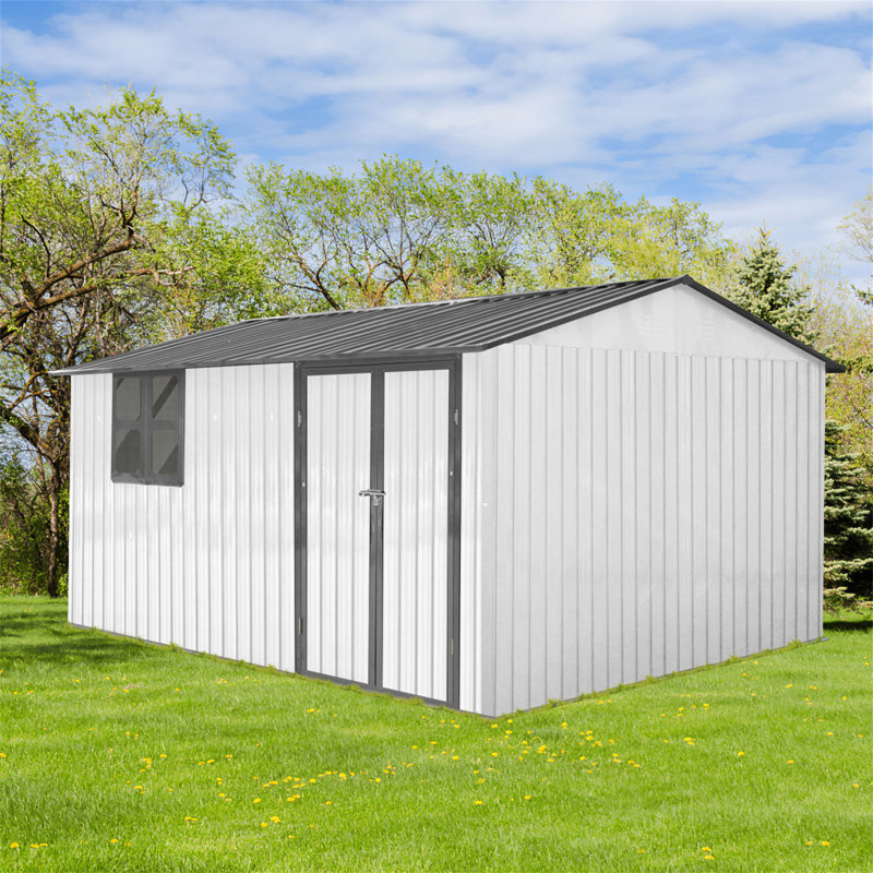 Metal outdoor storage sheds with window, Gray/White, 80.62" H x 147.61" W x 121.21" D