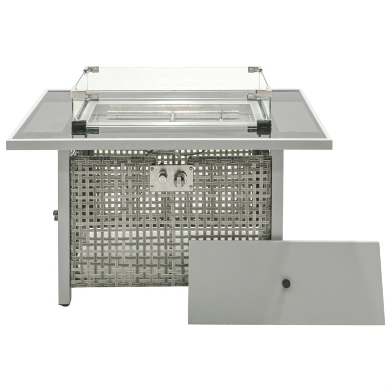 Foyer de table au gaz, foyer rectangulaire en osier à tissage ouvert avec garde-vent en verre 60000 BTU, Gris