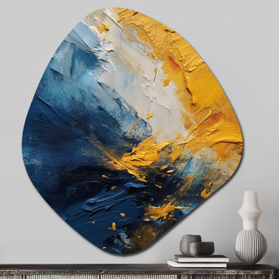 «Blue and Yellow Intuitive Expressions II», art mural abstrait en métal asymétrique, impression d'art en métal à forme libre bleue