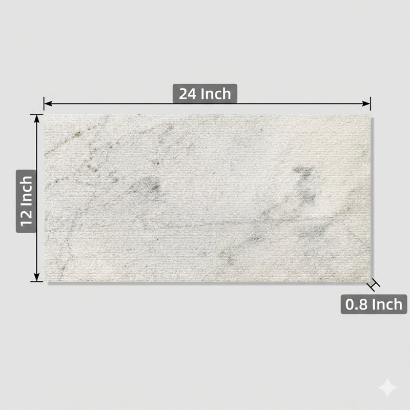 Panneaux en marbre blanc de première qualité, mesurant 12 pouces sur 24 pouces, conçus pour une installation murale. Ils présentent un traitement de surface texturé et un profil cannelé décoratif en 3D. Le matériau est du marbre véritable et natu