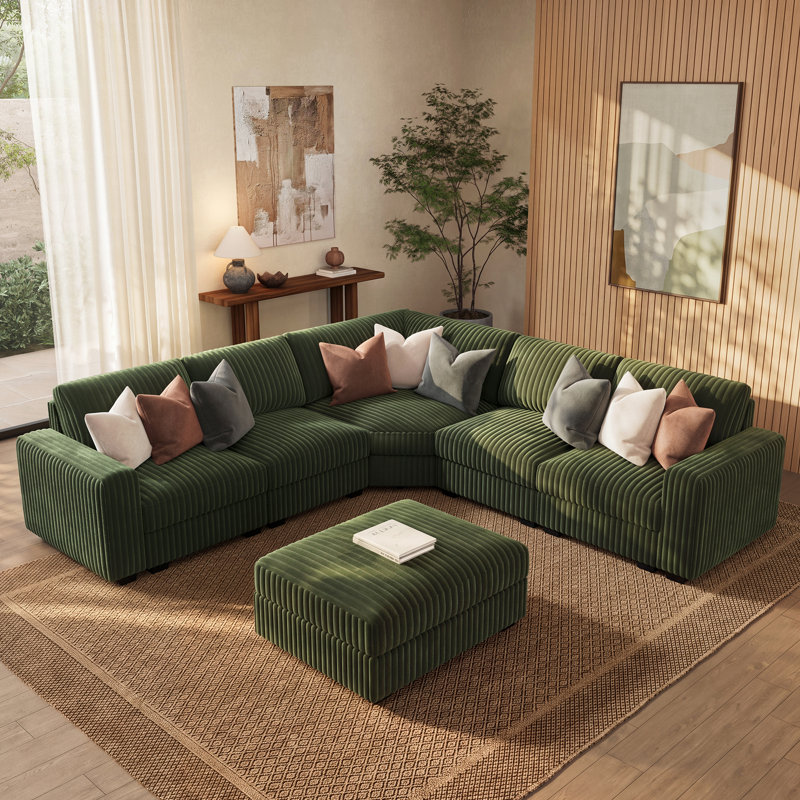 Canapé d'angle moderne en forme de L avec pouf de rangement, Velours côtelé vert