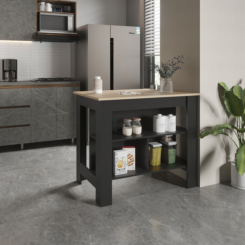 Courson Kitchen Island 2-Tier Shelf 40" Width And Large Work, Natural/Black