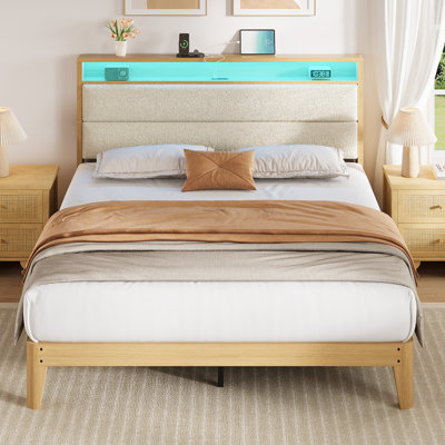 Queen Size Boucle Bed Frame with Headboard and LED Lights, Upholstered Platform Bed Frame with Charging Station and 2-Tier Storage Shelves, No Box Spring Needed, Easy Assembly, Cream