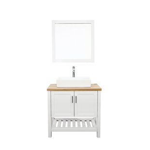 32" Bathroom Vanity With Sink,Single Bathroom Vanities Cabinet With Doors And Open Shelf,Solid Wood Small Vanity With Sink Set,For Bathroom,White+Natural