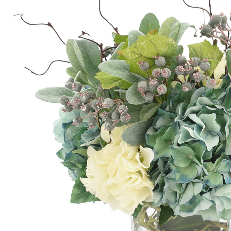 Assorted Hydrangea, Lamb''s Leaf And Vine Arranged In A Square Glass Vase