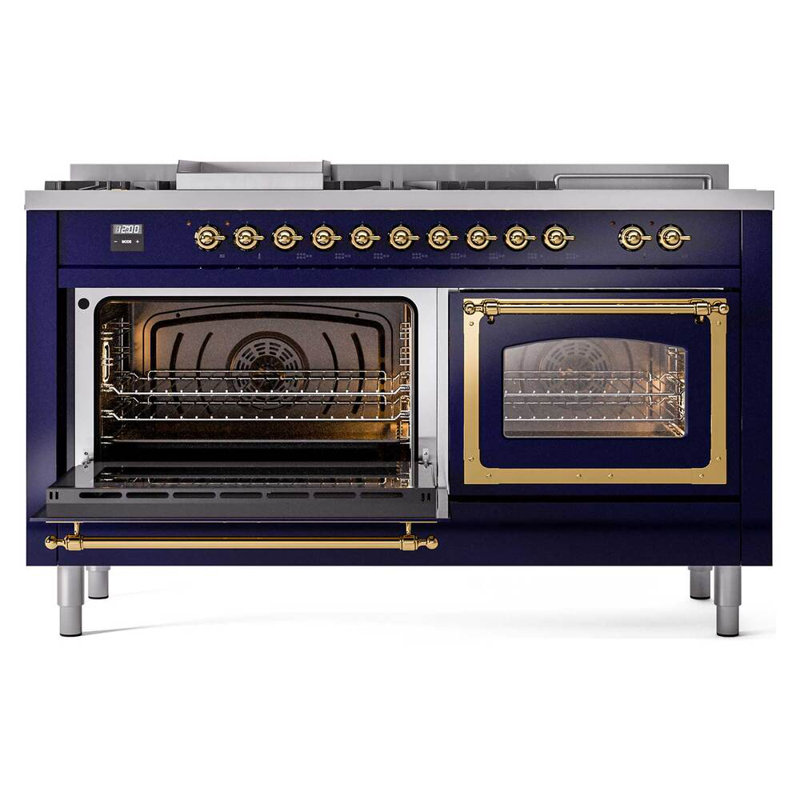 ILVE Nostalgie II Noblesse 60 in Dual Fuel Range 7 Burner, Griddle, Frenchtop, Midnight Blue/Brass, Natural Gas
