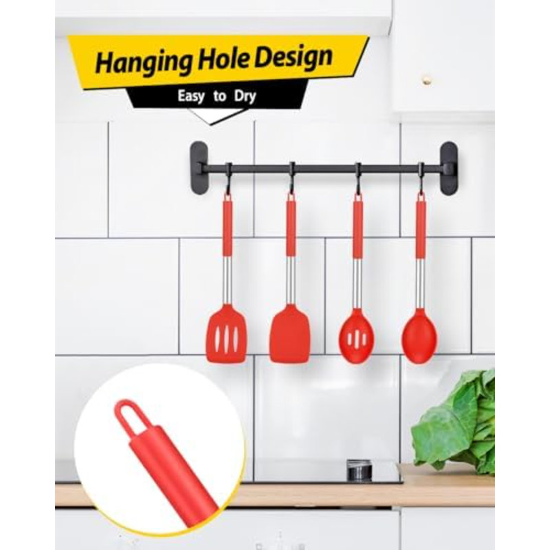 Pack of 4 Silicone Cooking Utensils Set, Non Stick Large Solid Spatulas, Heat Resistant Slotted Spoons, Ideal BPA Free Kitchen Turners for Frying, Mixing,Serving,Draining,Turning,Stirring (RED)