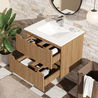  Meuble-lavabo mural 24 po avec lavabo en céramique, meuble-lavabo flottant en bois aggloméré avec 2 tiroirs à fermeture en douceur, noyer