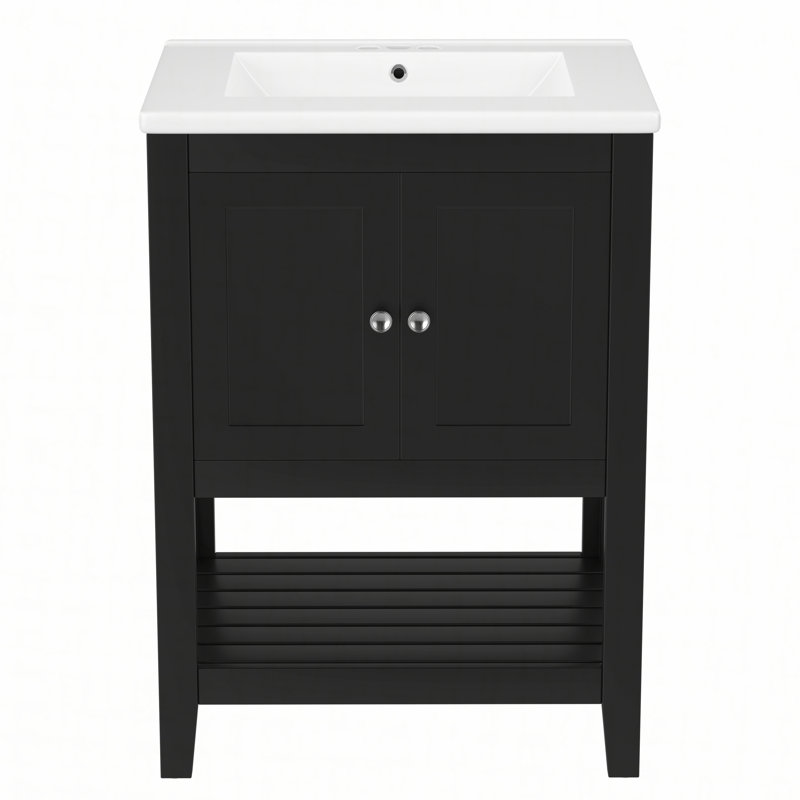 Lavabo de salle de bain moderne élégant en céramique 24 po avec tablette ouverte en bois massif, Noir