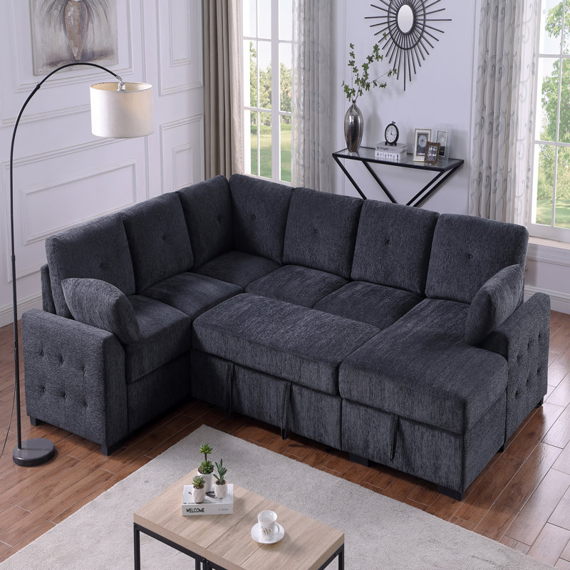 Canapé d'angle multi-fonctionnel en forme de L avec rangement et lit convertible, Chenille grise foncée