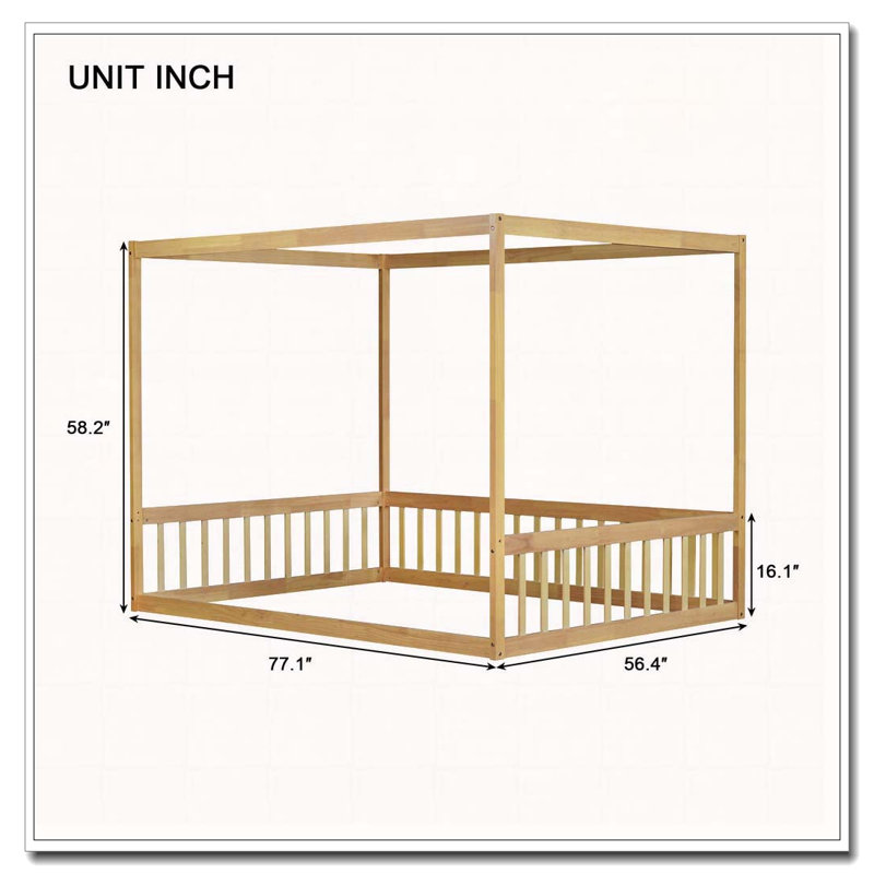 Lit en bois d'hévéa avec clôture Canopy, Naturel
