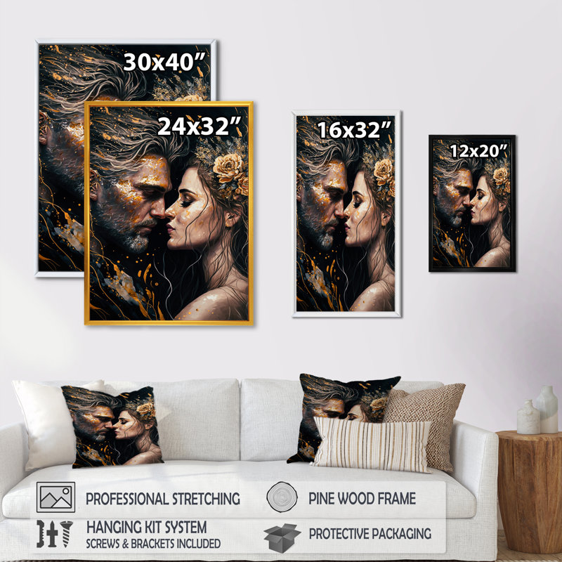 «Black and Gold Couple Kissing Art II», art mural traditionnel sur toile, L 30 po x H 40 po, Cadre flottant doré