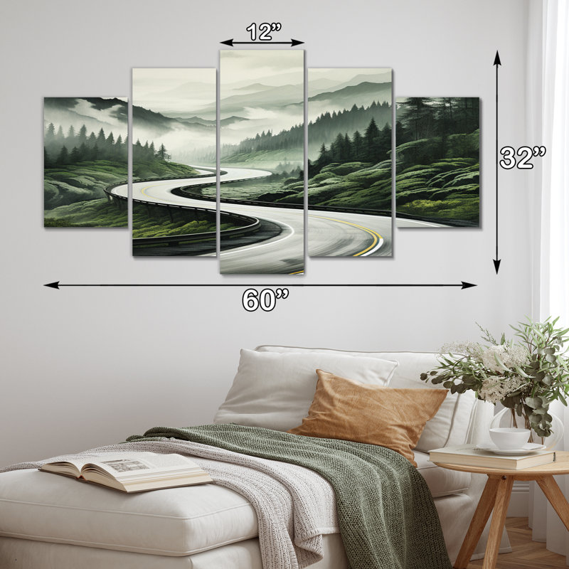 «Road Endless Journey In Green Mountain II», impression d'art mural paysages - 5 panneaux