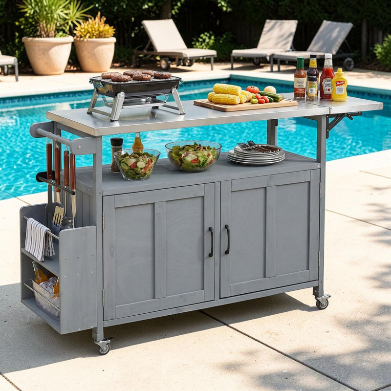 Chariot pour îlot de cuisine extérieur avec plateau en acier inoxydable, table d'appoint pliable et roues verrouillables