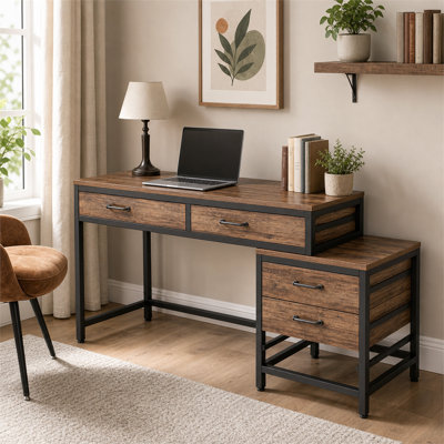 2 Piece Compact Computer Desk and 3 Drawer File Cabinet Rustic Brown E1 Grade Particle Board Office Desk with Black Metal Frame for Home Office and Sm