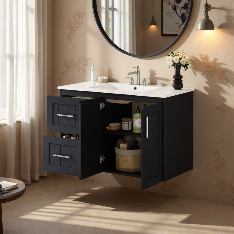 Meuble-lavabo mural 36 po, armoire de rangement flottante avec 2 tiroirs, lavabo simple en céramique 3 trous, armoire moderne avec tablette réglable