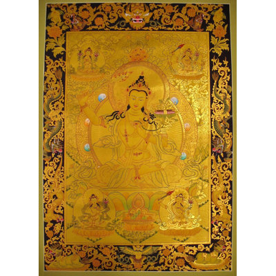 Manjushri Thangka (Thangka sans brocart) | Or 24 carats avec couleurs acryliques sur toile de coton
