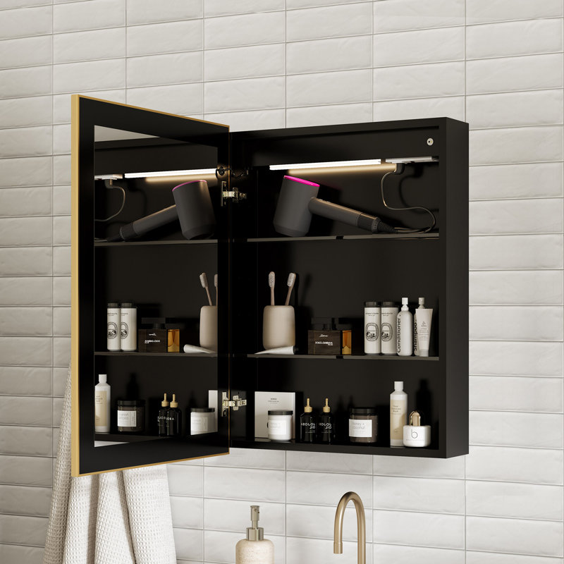 Maximes Recessed/Surface Mount Medicine Cabinet with Mirror, Defogger, Dimmer, Outlets & USBs and Interior Light, Gold