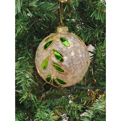  White and Green Glitter Leaf Glass Christmas Ornament F07M7-29-LH76-23081