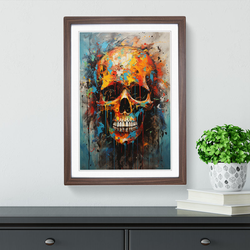 Skull Expressionism - Single Picture Frame Print on Wood, 64cm H x 46cm W x 2cm D, Walnut