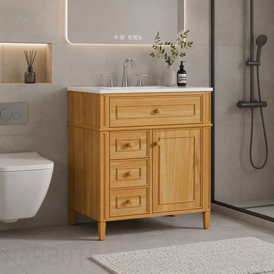 Meuble-lavabo de salle de bain avec lavabo, meuble-lavabo en bois avec tiroir rabattable, 2 tiroirs à fermeture en douceur, 1 porte à fermeture en douceur, bois massif et panneau de fibres à densité moyenne, poignées en bois élégantes